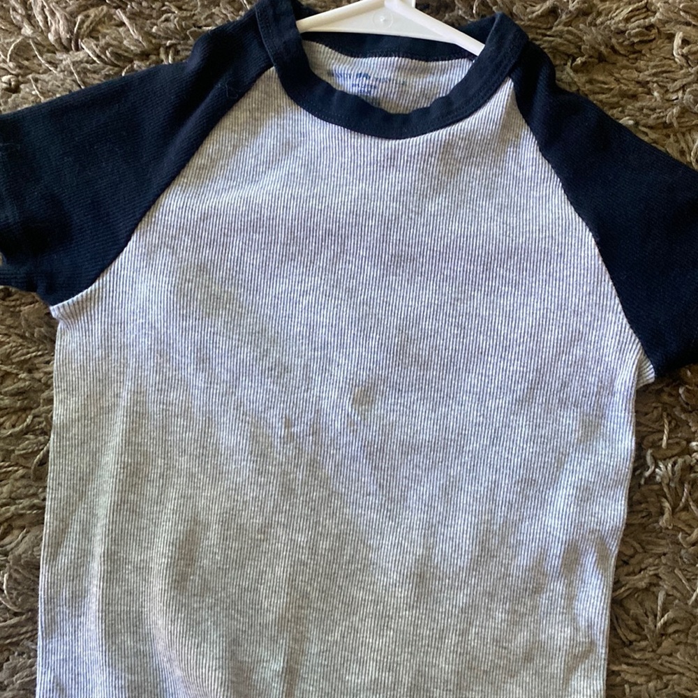 brandy baby tee gray and blue sleeves Y2K